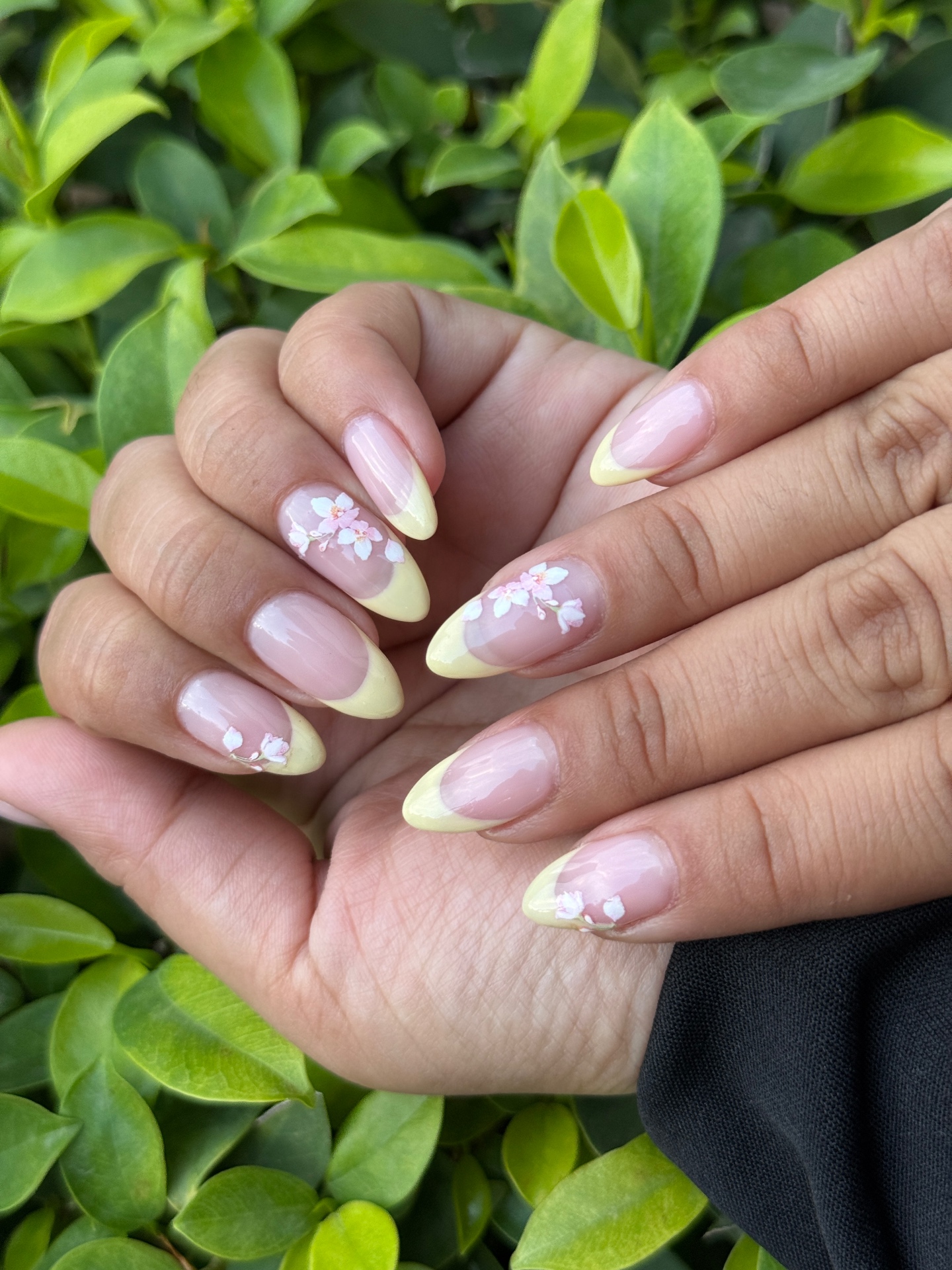 Pastel yellow French tips with floral art